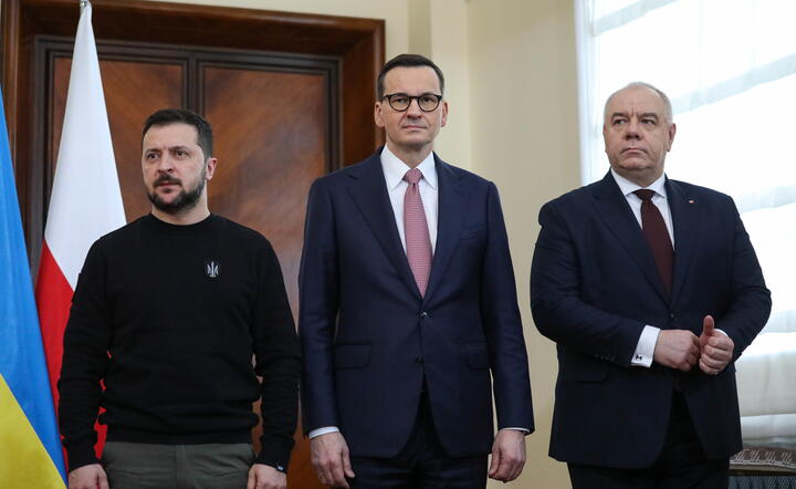 Wołodymyr Zełenski, Mateusz Morawiecki, Jacek Sasin / autor: PAP