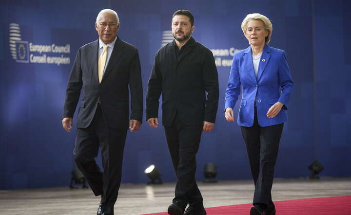 Ukraina i UE odrzucają na razie pomysł "pokój za gaz". Nz. od prawej Przewodnicząca KE Ursula von der Leyen, prezydent Ukrainy Wołodymir Zełeński i szef Rady Europejskiej Antonio Costa / autor: PAP/EPA/PRESIDENTIAL PRESS SERVICE