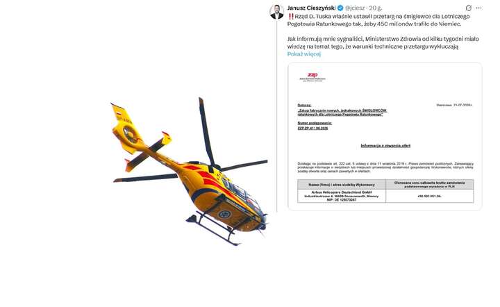Warunki przetargu na maszyny dla Lotniczego Pogotowia Ratunkowego spełnia tylko dostawca z Niemiec - twierdzi poseł PiS / autor: Fratria + X screen
