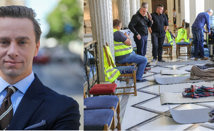 Wicemarszałek Sejmu Krzysztof Bosak  i protestujący rolnicy / autor: PAP