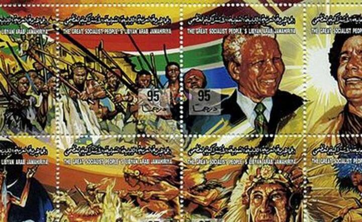 Gaddafi International Prize for Human Rights stamps, 1994. Libya 16 x 95 dirham miniature sheet of stamps, the familiar style of art, liberation themes, with Nelson Mandela and Muammar Gaddhafi. Fot. Felix O/Wikipedia