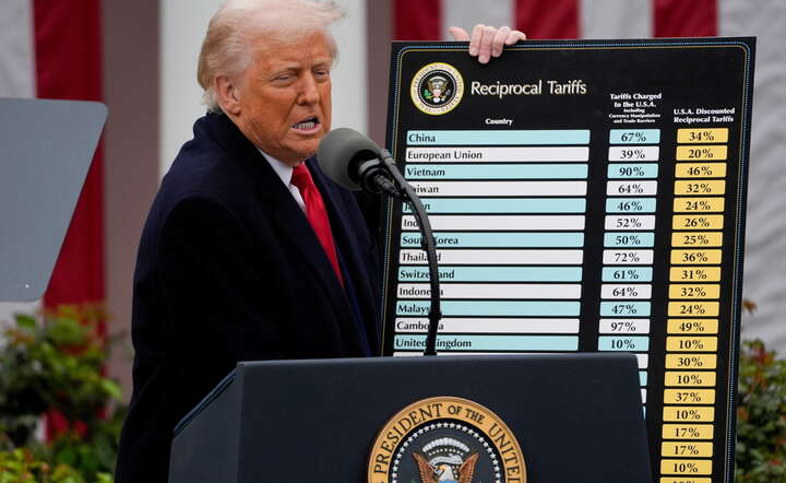 Prezydent USA Donald Trump w Białym Domu 2 kwietnia podpisał pakiet ceł na towary importowane do USA z całego świata / autor: PAP/EPA/KENT NISHIMURA