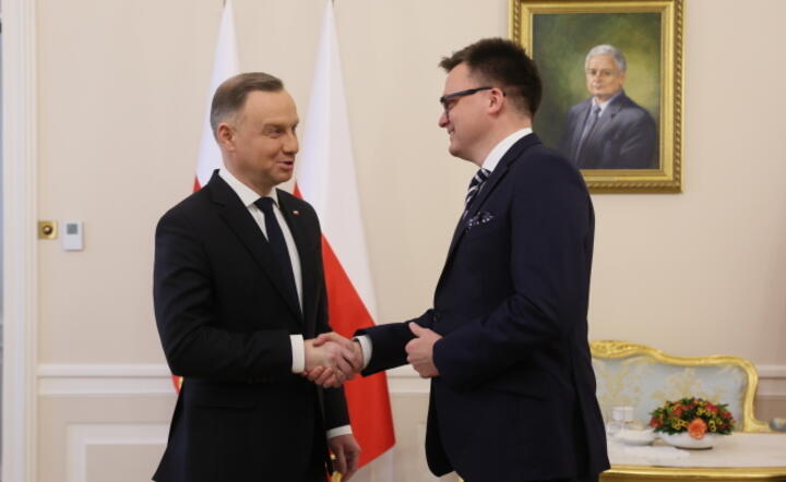 Prezydent RP Andrzej Duda i marszałek Sejmu Szymon Hołownia podczas spotkania w Pałacu Prezydenckim w Warszawie, 17 bm / autor: PAP/Leszek Szymański