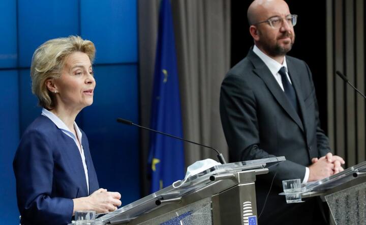 Szefowa KE Ursula von der Leyen i szef Rady Europejskiej Charles Michel  / autor: PAP/EPA/OLIVIER HOSLET / POOL