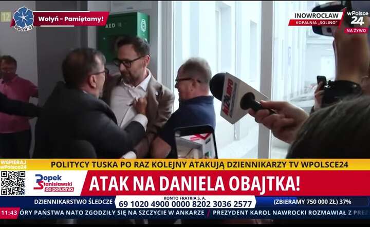 Prezes Zarządu spółki Solino Wojciech Kotlarek (L) nie pozwolił na spotkanie europosła PiS Daniela Obajtka (P) na spotkanie z protestującymi pracownikami / autor: Fratria / YT @wpolsce24 - screen