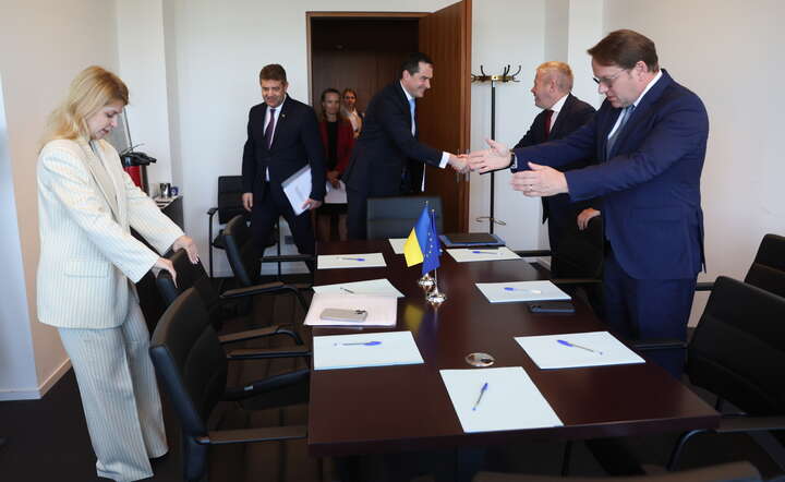 Olha Stefaniszyna, ukraińska wicepremier do spraw integracji i Olivér Várhelyi, unijny komisarz do spraw sąsiedztwa i rozszerzenia w Luksemburgu / autor: OLIVIER HOSLET/EPA/PAP