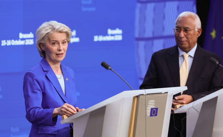 Przewodnicząca KE Ursula von der Leyen (L) i szefa Rady Europejskiej Antonio Costa (P) na konferencji po szczycie przywódców UE / autor: PAP/EPA/OLIVIER HOSLET 