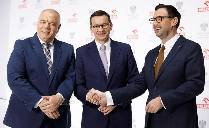 Wicepremier Jacek Sasin, premier Mateusz Morawiecki, prezes PKN Orlen Jacek Obajtek / autor: KPRM