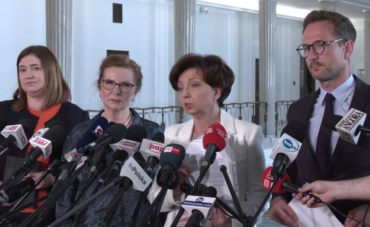 Konferencja prasowa posłow PiS, od lewej: Anna Gembicka, Małgorzata Gosiewska, Marlena Maląg i Waldemar Buda / autor: screen / X @pisorgpl