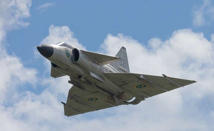Myśliwiec JAS39 Gripen w barwach szwedzkiego lotnictwa wojskowego / autor: Pixabay