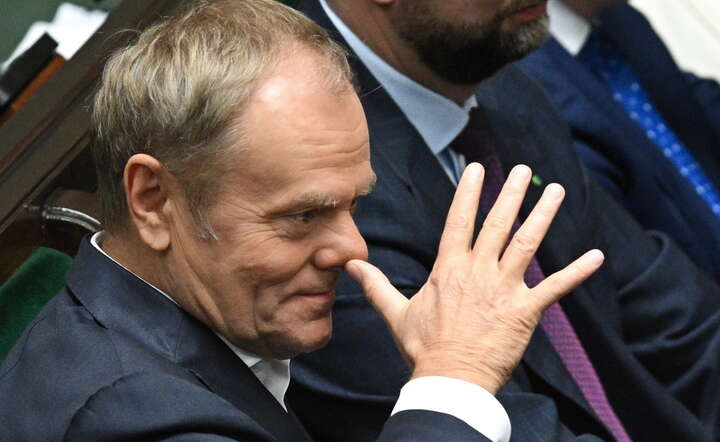 Premier Donald Tusk na sali plenarnej Sejmu wykonuje obraźliwy gest wobec przemawiającego posła Pawła Jabłońskiego / autor: PAP/Radek Pietruszka