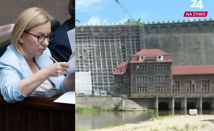 Minister Klimatu i Srodowiska Paulina Hennig-Kloska stosuje metodę strusia w sprawie katastrofy ekologicznej na rzecz Bóbr w okolicy tamy w Pilchowicach / autor: Fratria / Andrzej Wiktor / YT @wpolsce24 - screen