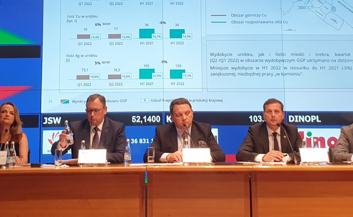 konferencja wynikowa KGHM w budynku warszawkiej GPW. W środku prezes KGHM Marcin Chludziński / autor: Fratria