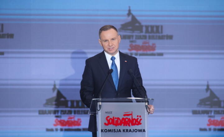 Prezydent RP Andrzej Duda na 31. Krajowym Zjeździe Delegatów NSZZ "Solidarność" w Centralnym Ośrodku Sportu w Spale, 19 bm / autor: PAP/Marian Zubrzycki
