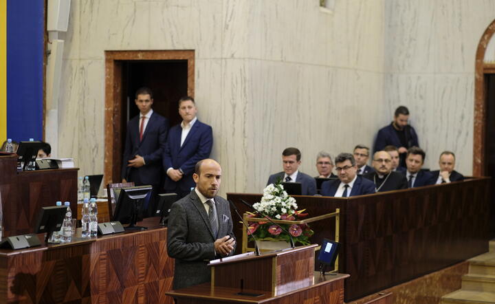 Borys Budka podczas wystąpienia / autor: PAP/Andrzej Grygiel