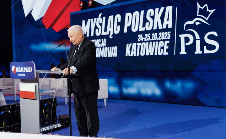Prezes PiS Jarosław Kaczyński podczas wystąpienia programowego w trakcie konwencji programowej Prawa i Sprawiedliwości / autor: PAP/Art Service