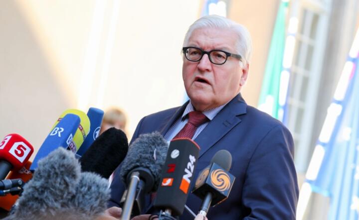 Szef niemieckiej dyplomacji Frank-Walter Steinmeier przed Willą Borsig w Berlinie prezentuje wyniki spotkania unijnej "szóstki" w sprawie Brexit, fot. PAP/EPA/KAY NIETFELD