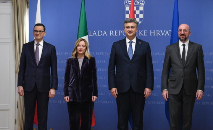 Przewodniczący Rady Europejskiej Charles Michel (P) oraz premierzy: Polski Mateusz Morawiecki (L), Chorwacji Andrej Plenković (2P), Włoch Giorgia Meloni (2L) Zagrzeb, 16 bm. / autor: PAP/Andrzej Lange