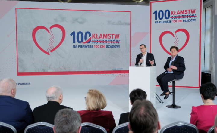 Poseł PiS Mateusz Morawiecki (L) oraz europosłanka Beata Szydło (P) podczas konferencji PiS podsumowującej 100 dni rządu Donalda Tuska / autor: PAP/Mateusz Marek